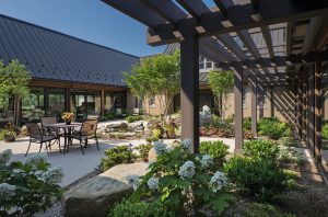 Courtyard at RLPS with trellis and pond