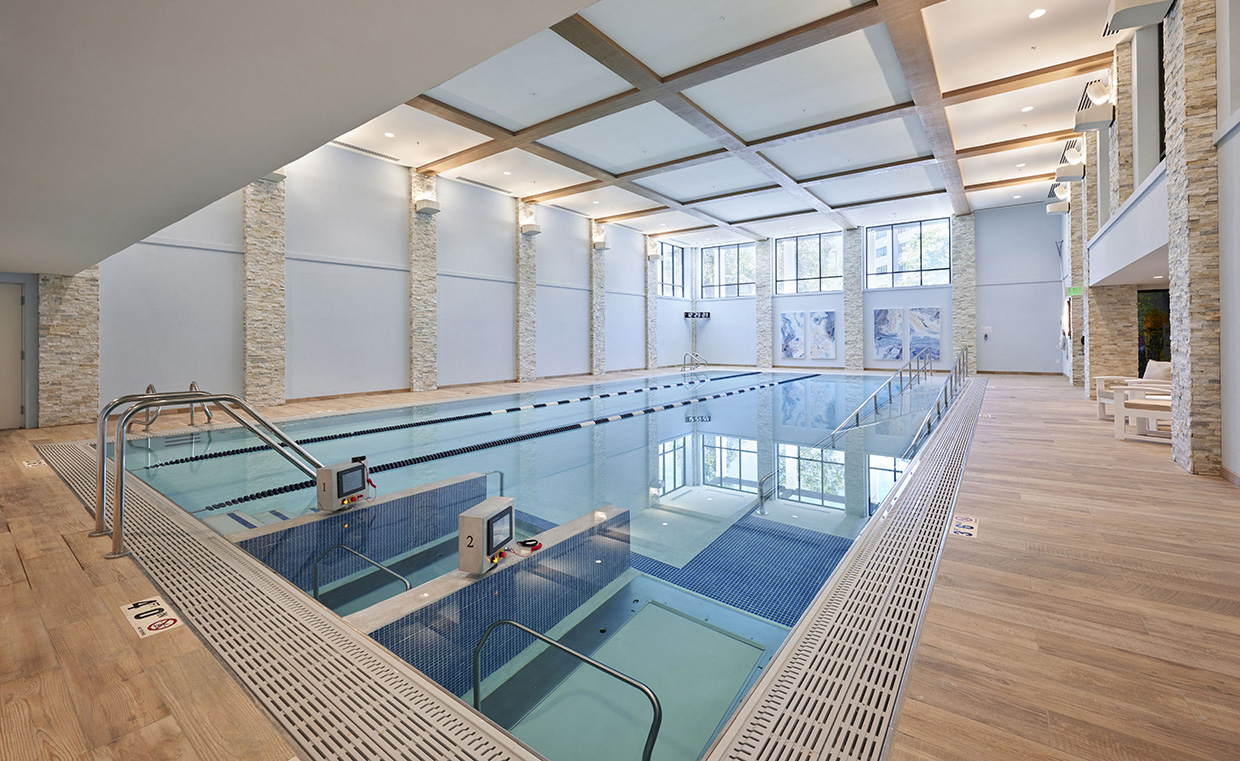 The new indoor pool offers popular underwater treadmills